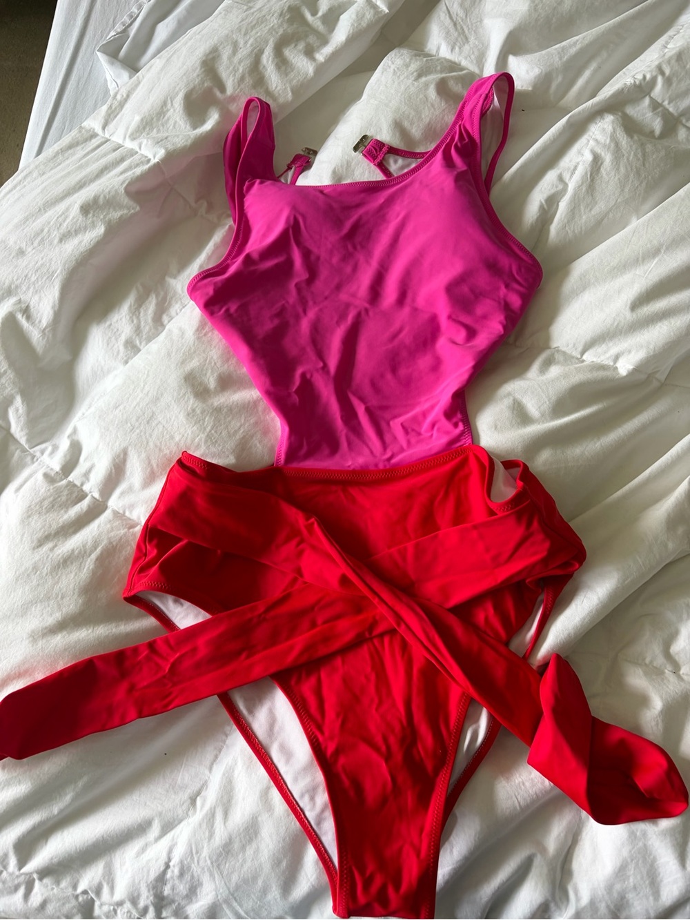 Colorblock One-Piece Swimsuit in Hot Pink and Red with Wrap Detail